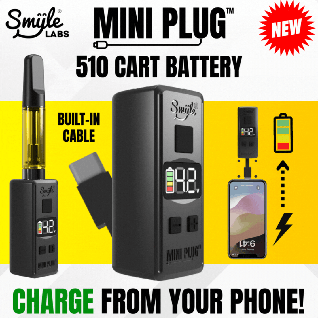 Smile Labs Mini Plug 510 Thread Battery w/ Built-in Cable